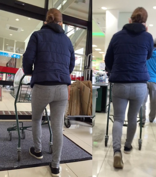[Wife's butt] Checked tight pants, the shape of the ass is clear